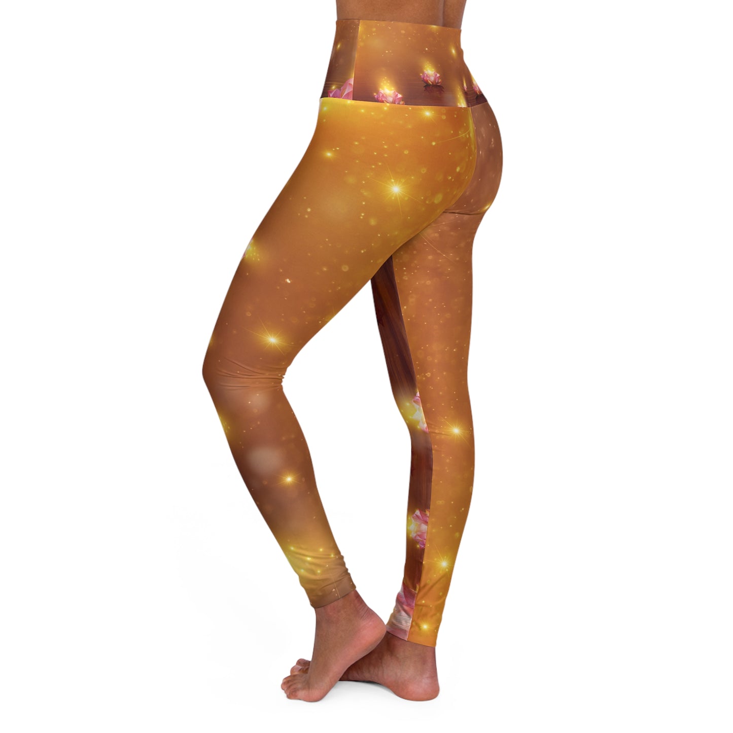 Golden Lotus Flower Artistic Abstract Skinny Fit High Waisted Yoga Leggings, Expertly Crafted in the USA