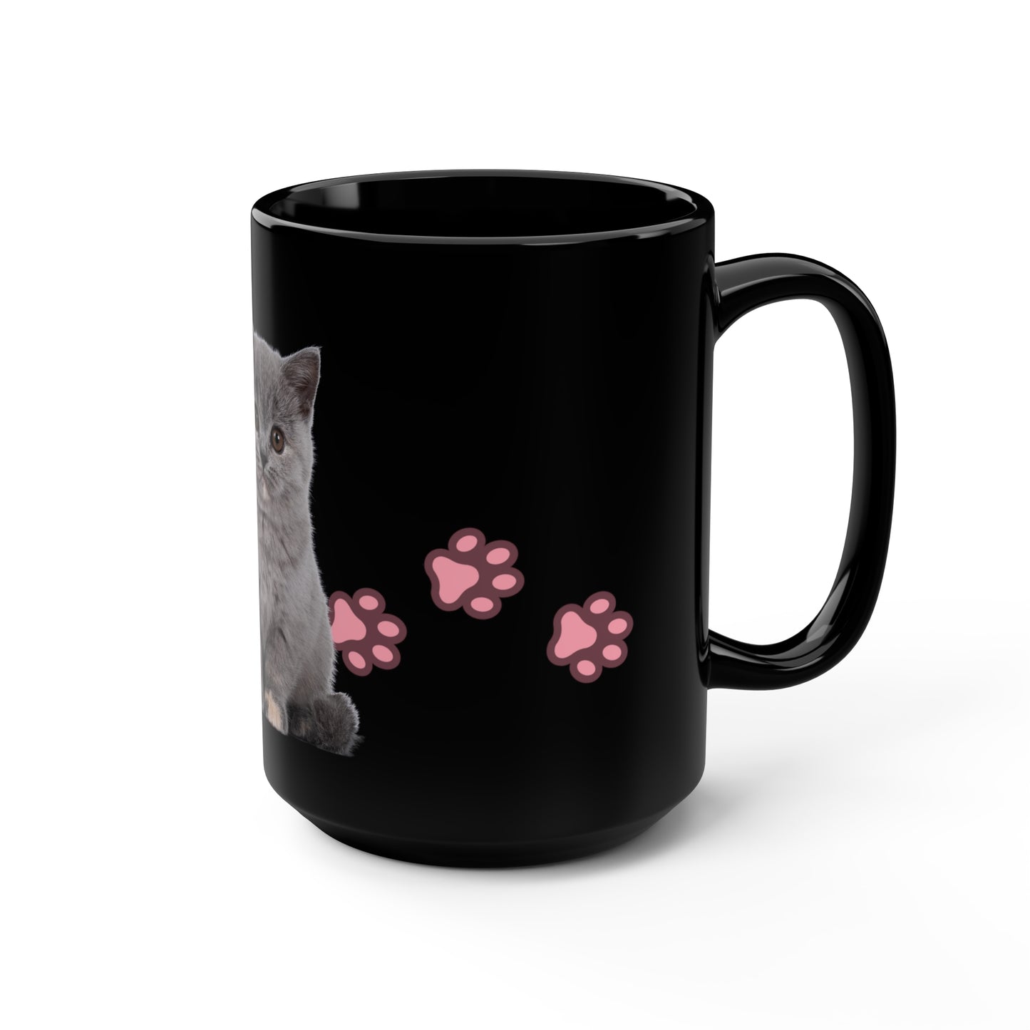 Cute Kitten Cat Paw Black Mug, 15oz