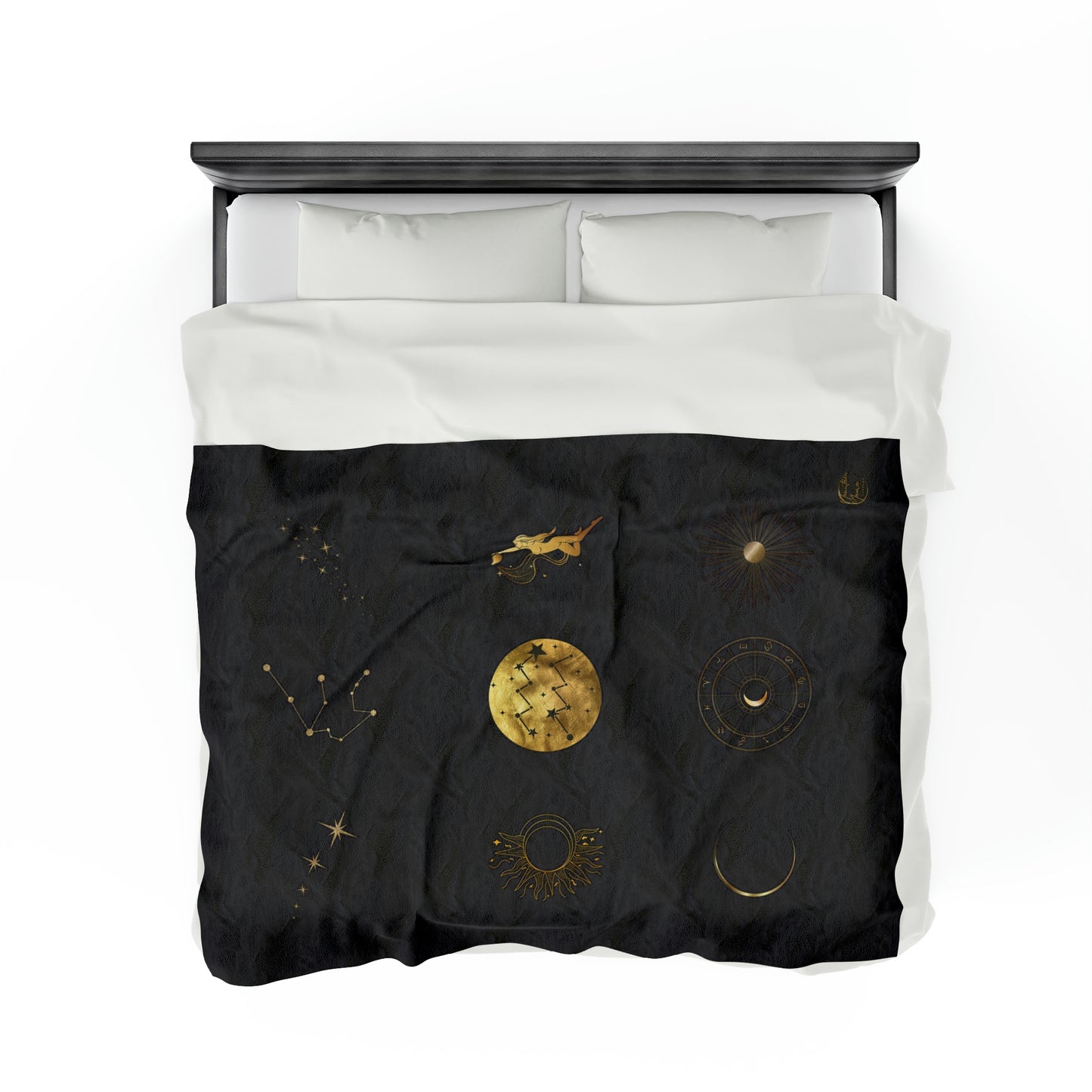 Celestial Age of Aquarius Black & Gold Velveteen Plush Blanket