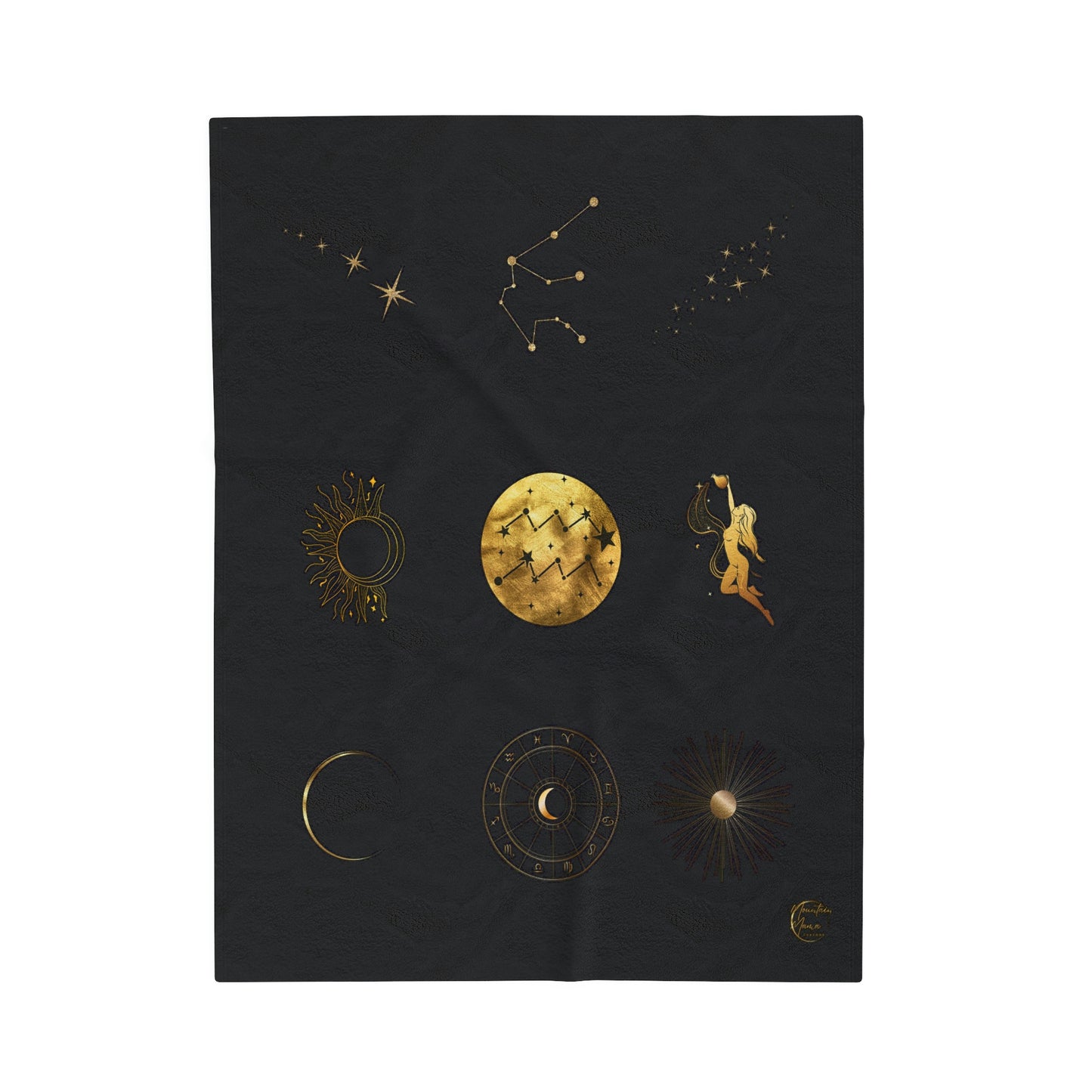 Celestial Age of Aquarius Black & Gold Velveteen Plush Blanket